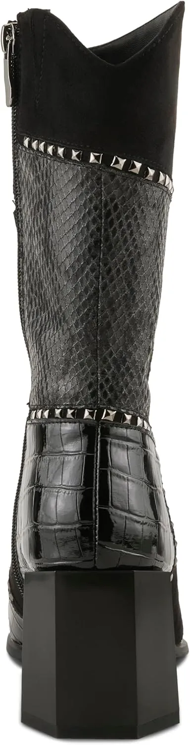 Azura Women's ZAYRINA Mid-Shaft Leather Boots with Animal Print, Stud Details, and Zipper Closure
