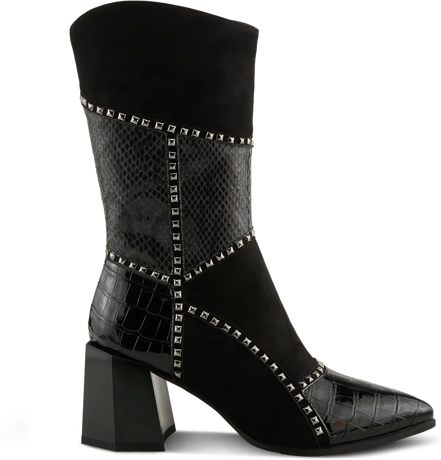 Azura Women's ZAYRINA Mid-Shaft Leather Boots with Animal Print, Stud Details, and Zipper Closure