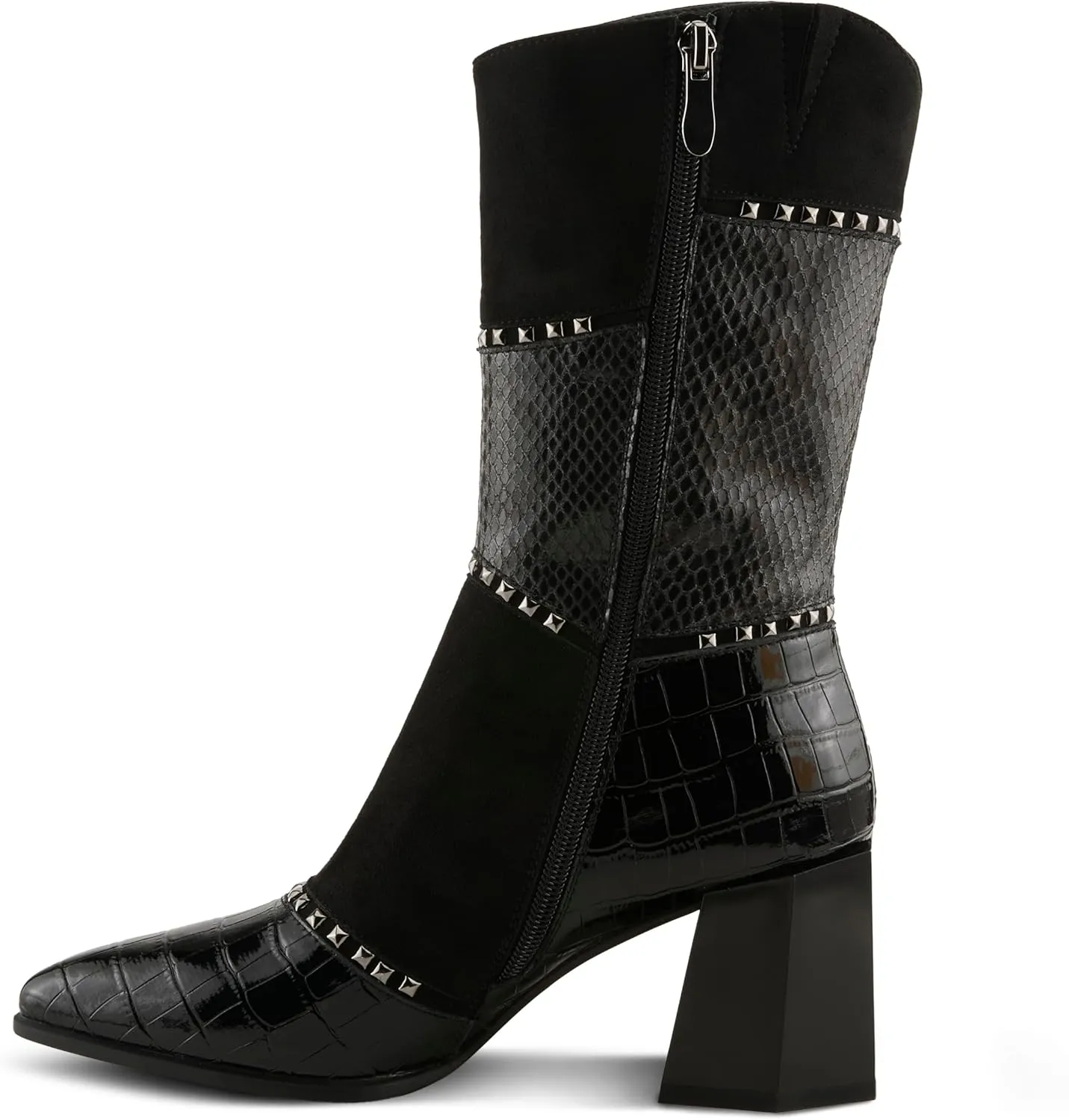 Azura Women's ZAYRINA Mid-Shaft Leather Boots with Animal Print, Stud Details, and Zipper Closure