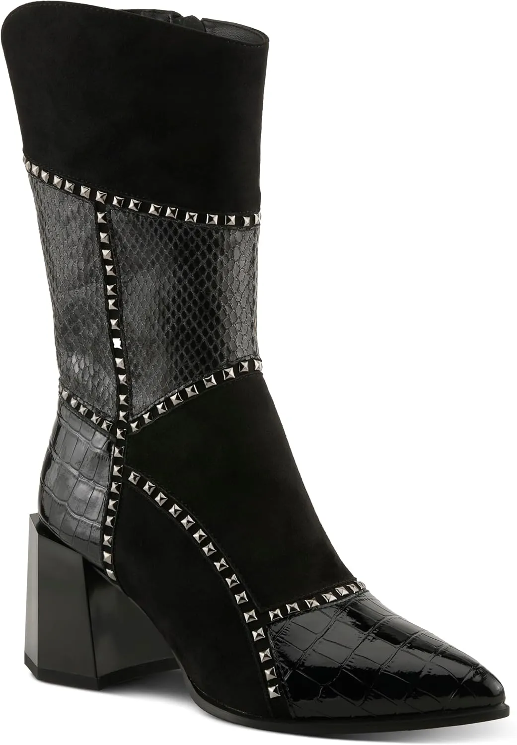 Azura Women's ZAYRINA Mid-Shaft Leather Boots with Animal Print, Stud Details, and Zipper Closure