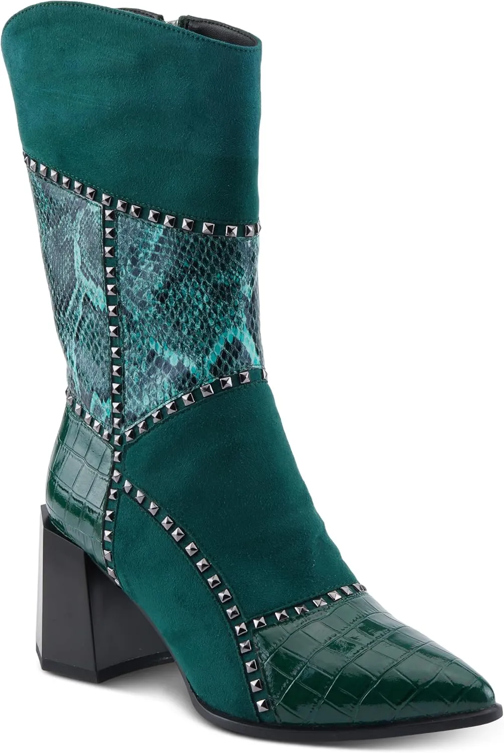 Azura Women's ZAYRINA Mid-Shaft Leather Boots with Animal Print, Stud Details, and Zipper Closure
