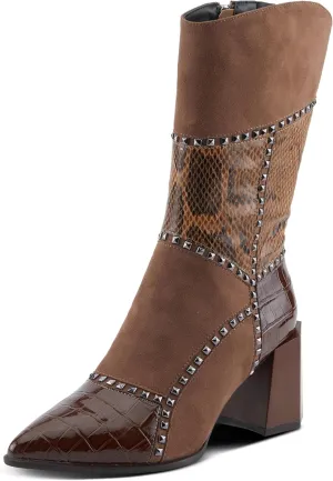 Azura Women's ZAYRINA Mid-Shaft Leather Boots with Animal Print, Stud Details, and Zipper Closure