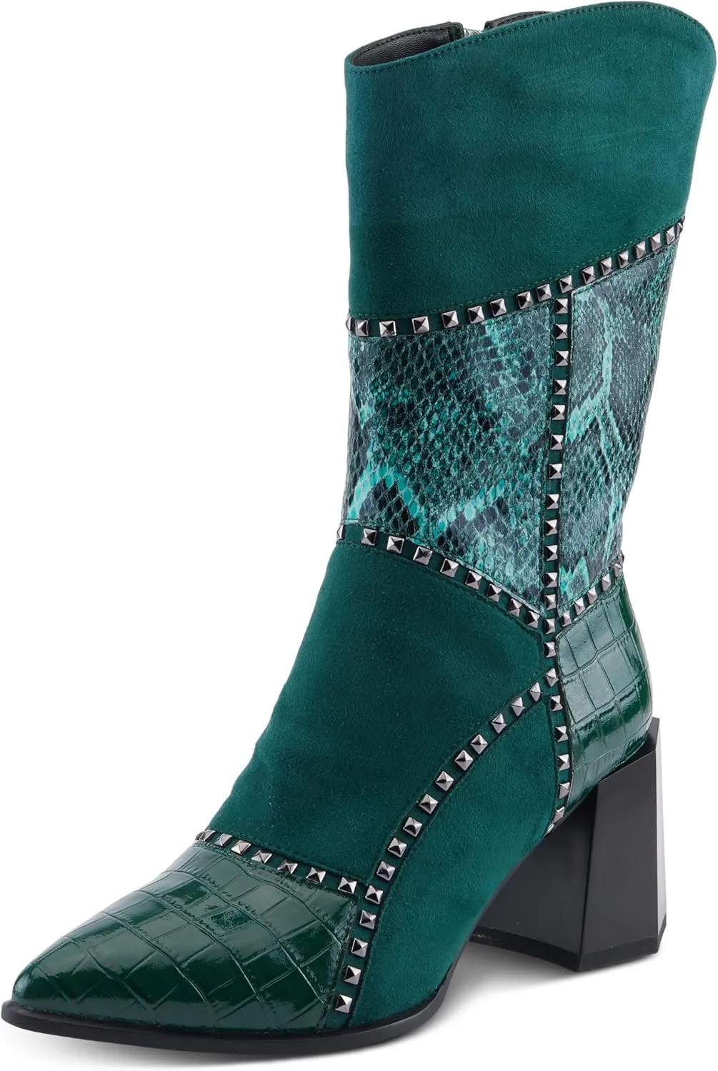 Azura Women's ZAYRINA Mid-Shaft Leather Boots with Animal Print, Stud Details, and Zipper Closure