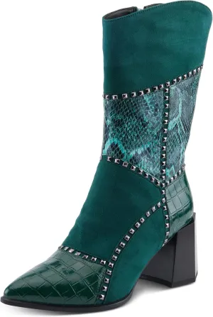 Azura Women's ZAYRINA Mid-Shaft Leather Boots with Animal Print, Stud Details, and Zipper Closure