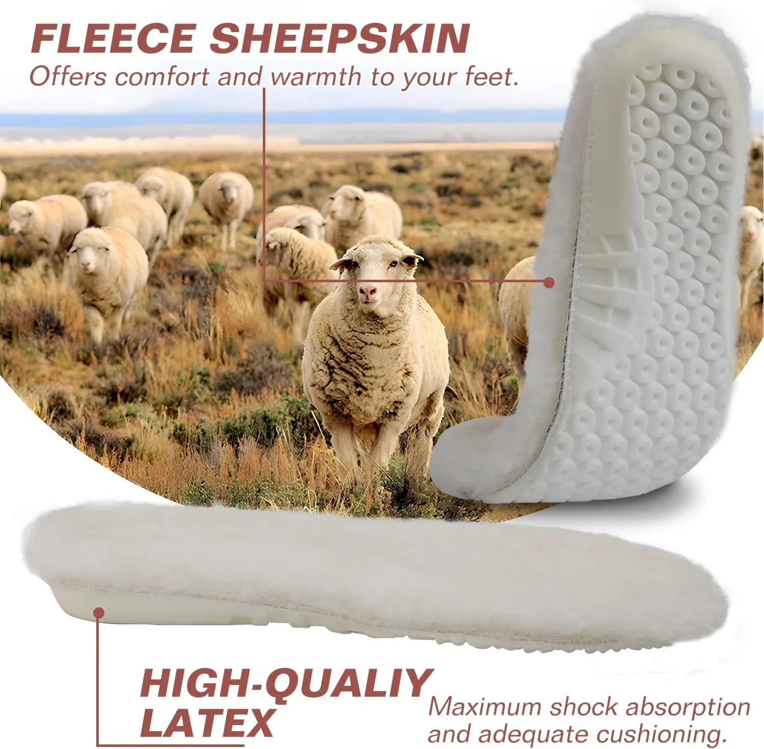 Bacophy Sheepskin Sport Insoles for Men & Women 1 Pair, Premium Warm Fluffy Wool Replacement Cozy Breathable Inner Soles for Boots Casual Shoes Sneakers