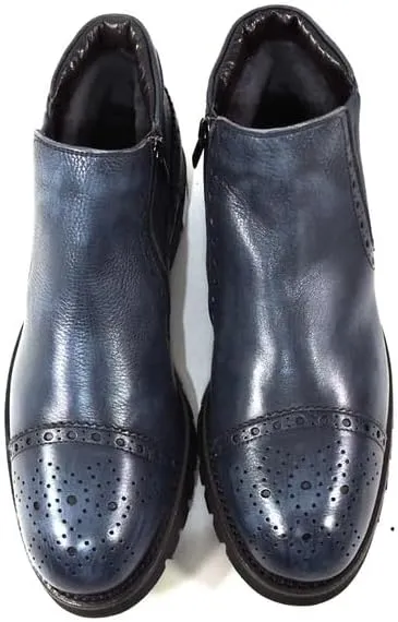 Baldinini Men's Blue Soft Leather Chelsea Boots with Fur Lining