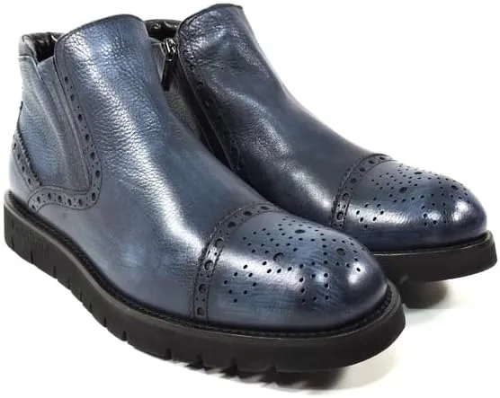 Baldinini Men's Blue Soft Leather Chelsea Boots with Fur Lining