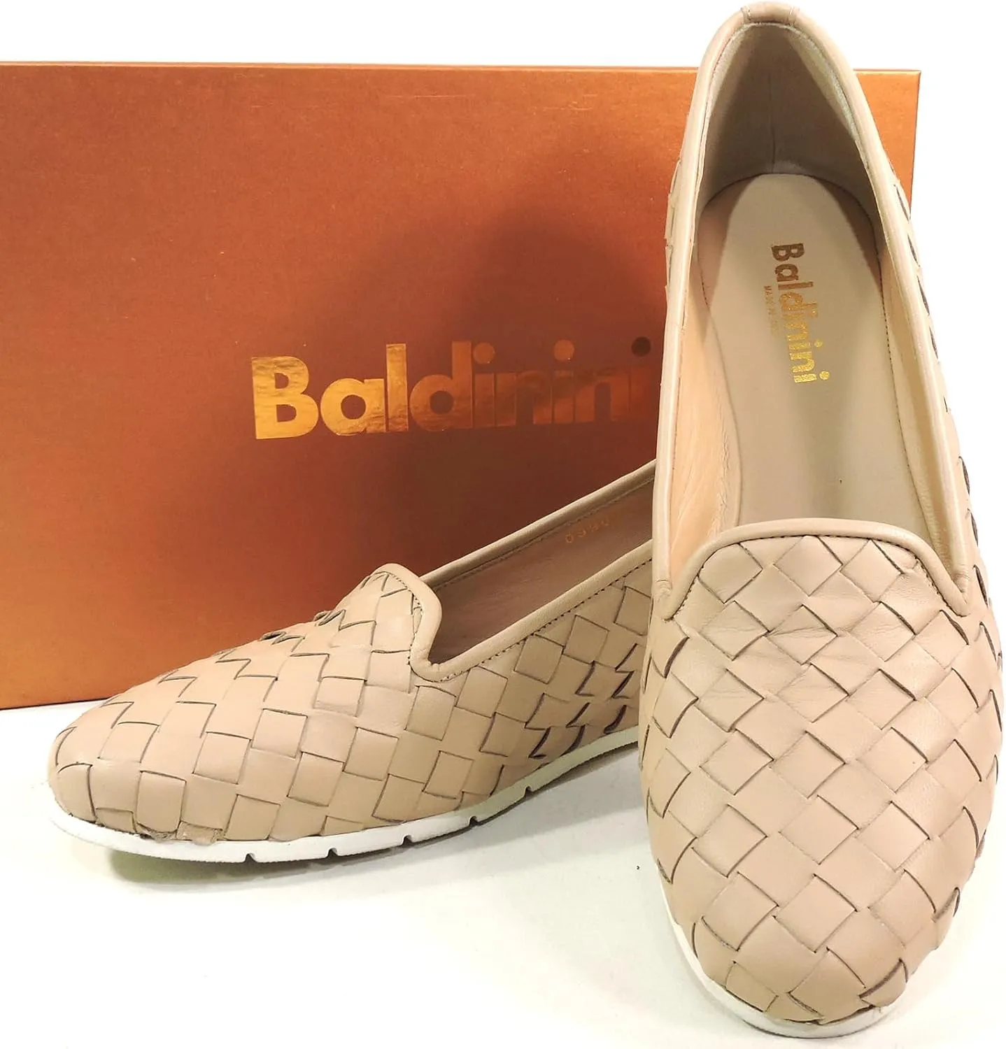 Baldinini Woven Leather Loafers, Beige Wedge Comfort Shoes, Slip-On Design