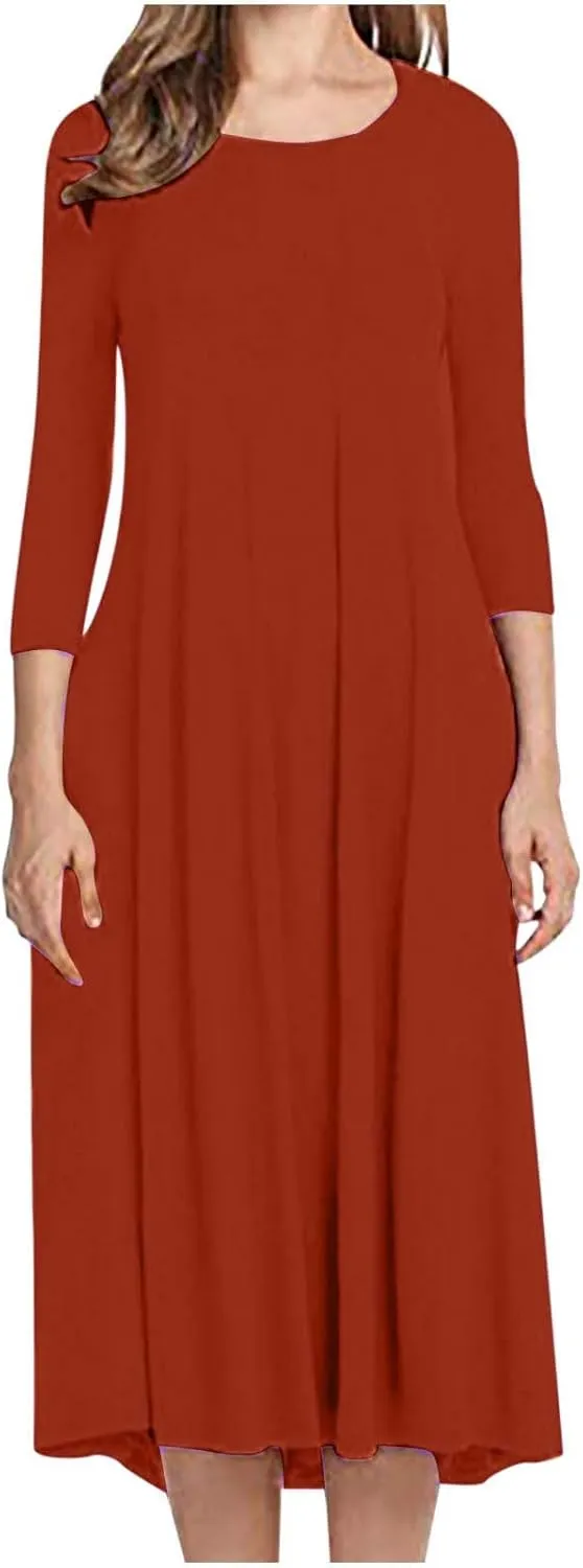 Beach Dresses for Women Long Sleeve Plain Crewneck Ruffle Maxi Dress Causal Fashion Fall Work Comfortable Sundress