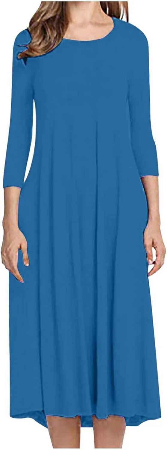 Beach Dresses for Women Long Sleeve Plain Crewneck Ruffle Maxi Dress Causal Fashion Fall Work Comfortable Sundress