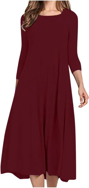 Beach Dresses for Women Long Sleeve Plain Crewneck Ruffle Maxi Dress Causal Fashion Fall Work Comfortable Sundress