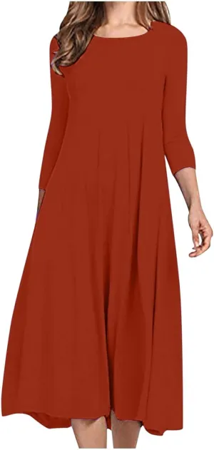 Beach Dresses for Women Long Sleeve Plain Crewneck Ruffle Maxi Dress Causal Fashion Fall Work Comfortable Sundress