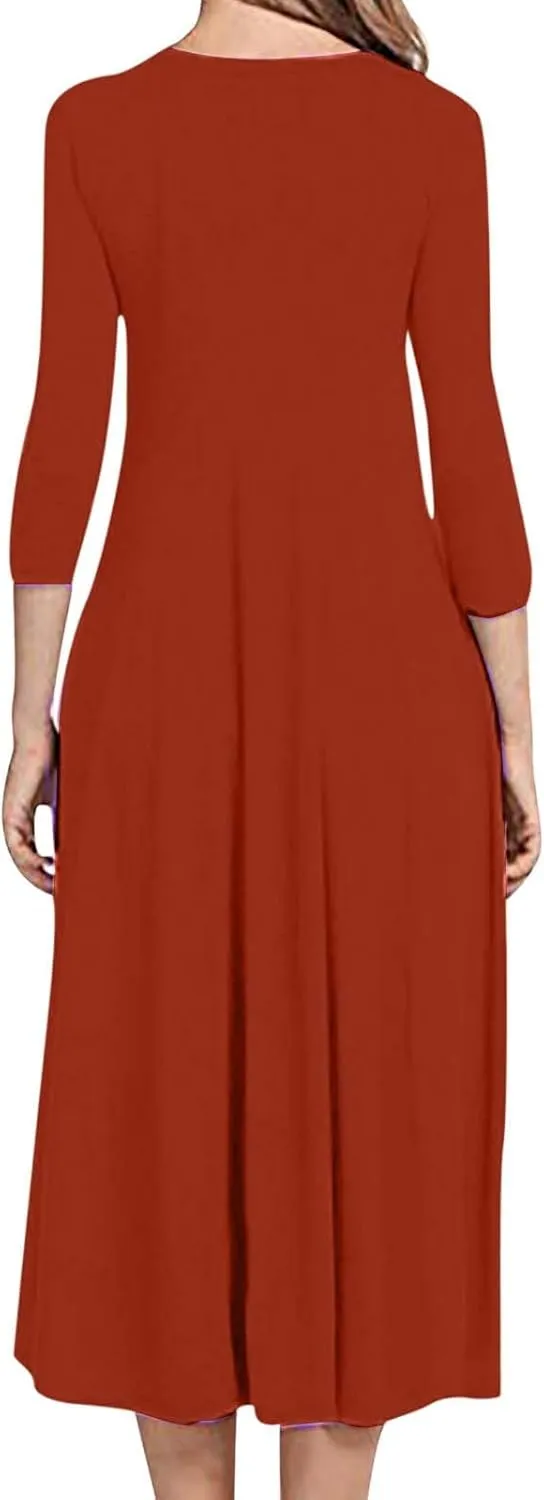 Beach Dresses for Women Long Sleeve Plain Crewneck Ruffle Maxi Dress Causal Fashion Fall Work Comfortable Sundress
