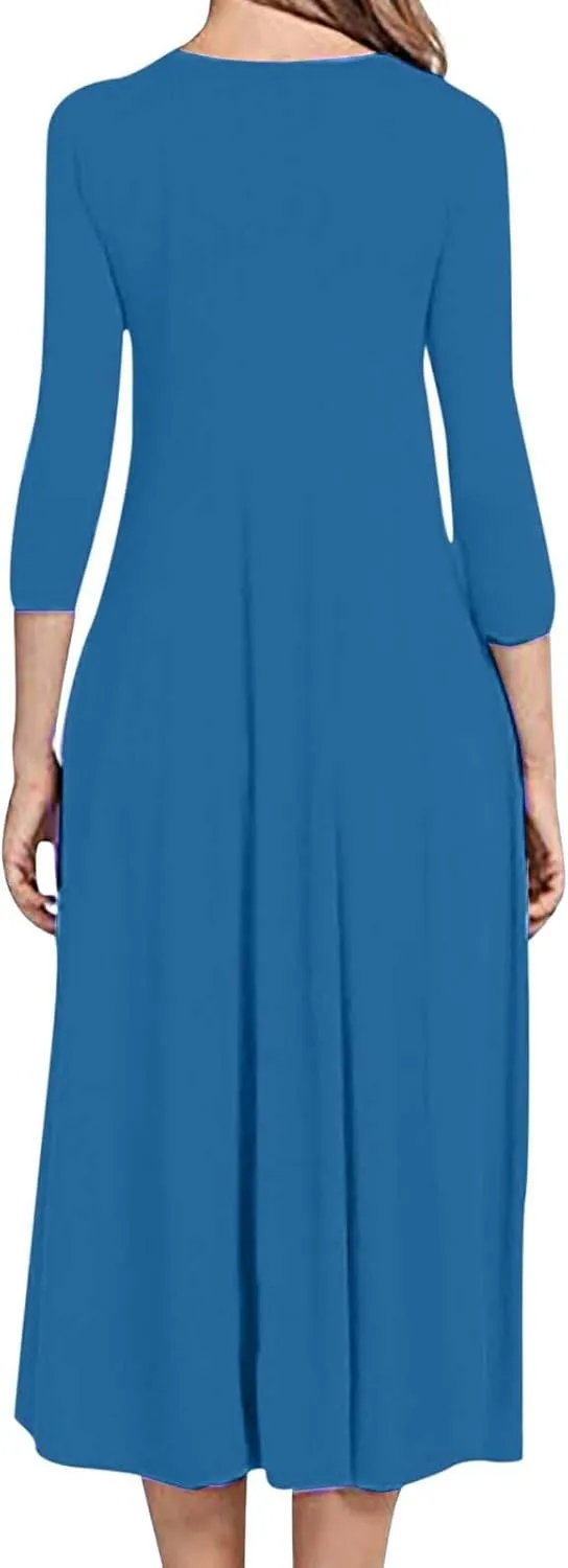 Beach Dresses for Women Long Sleeve Plain Crewneck Ruffle Maxi Dress Causal Fashion Fall Work Comfortable Sundress