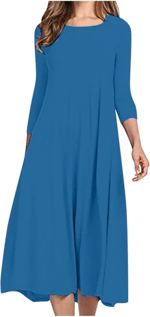 Beach Dresses for Women Long Sleeve Plain Crewneck Ruffle Maxi Dress Causal Fashion Fall Work Comfortable Sundress
