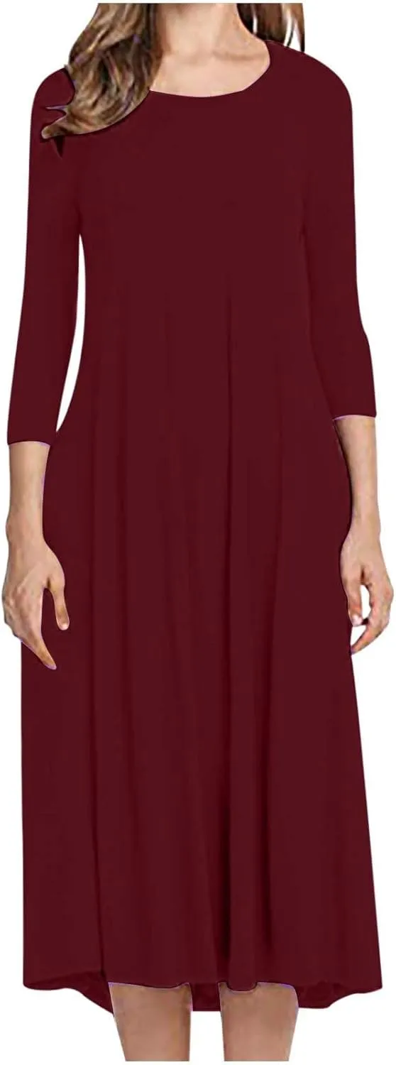 Beach Dresses for Women Long Sleeve Plain Crewneck Ruffle Maxi Dress Causal Fashion Fall Work Comfortable Sundress