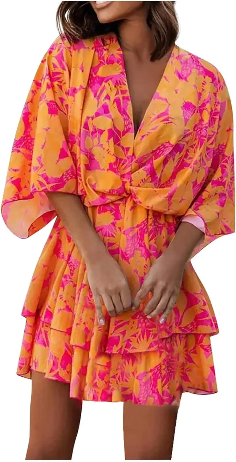 Beach Dresses for Women,2023 Summer Casual Trendy Loose Batwing Sleeve Mini Dress,Floral Flowy Hem Boho Dress