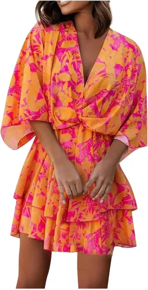 Beach Dresses for Women,2023 Summer Casual Trendy Loose Batwing Sleeve Mini Dress,Floral Flowy Hem Boho Dress