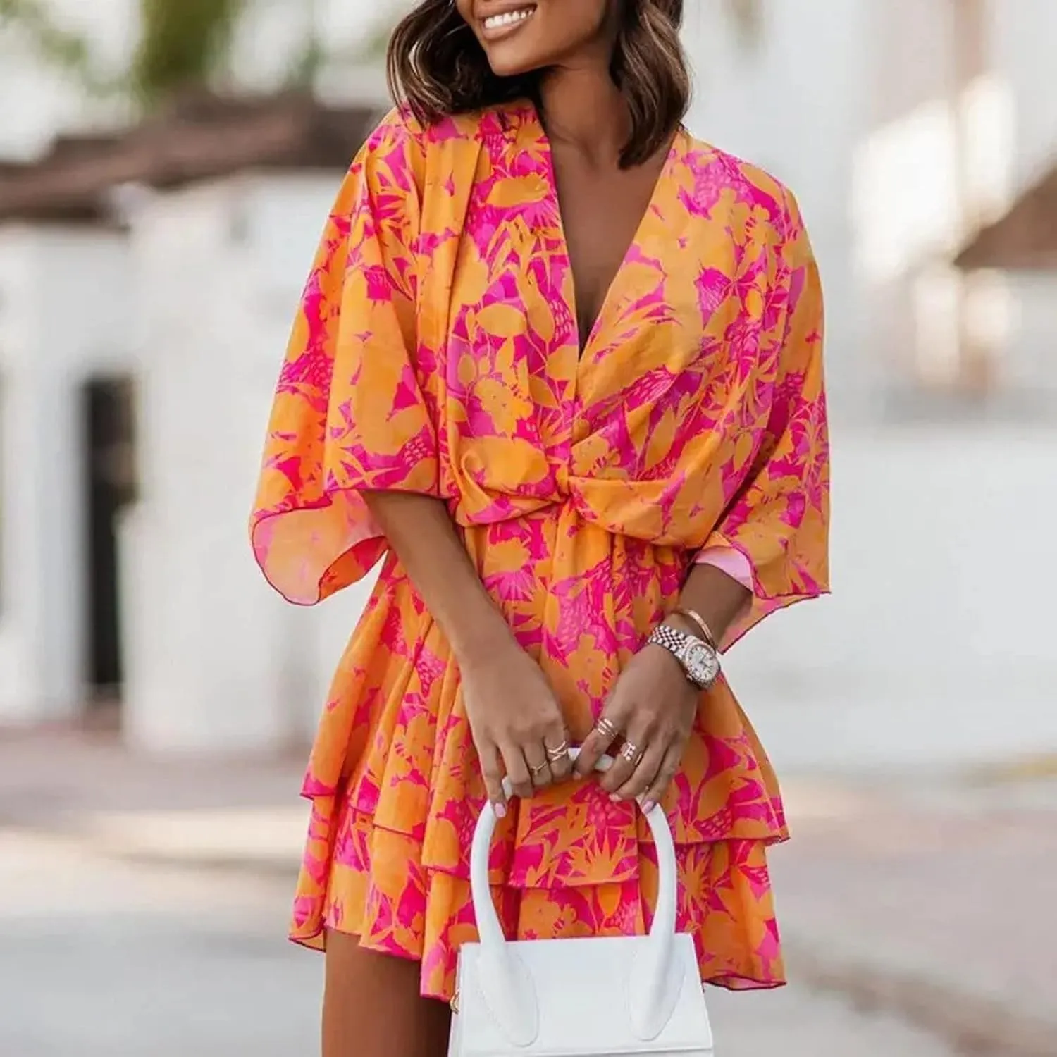 Beach Dresses for Women,2023 Summer Casual Trendy Loose Batwing Sleeve Mini Dress,Floral Flowy Hem Boho Dress