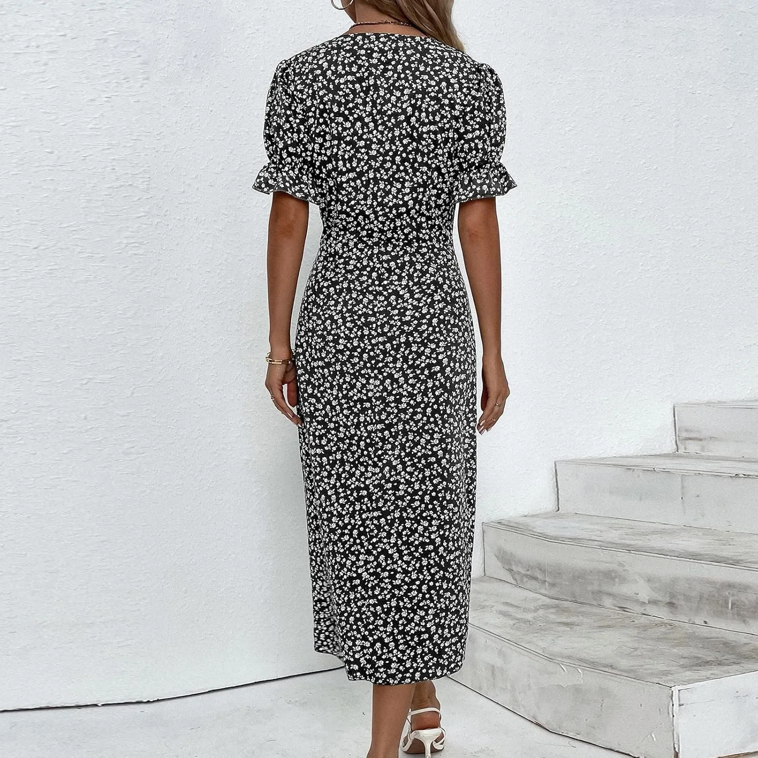 Beach Dresses for Women,2025 Spring Trendy Floral Boho Dress,Elegant V Neck Short Sleeve Irregular Hem Midi Dress