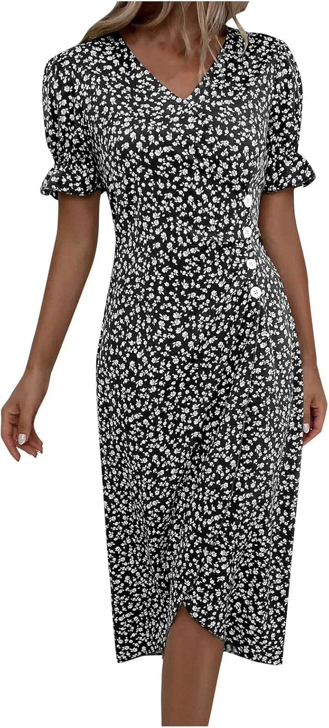 Beach Dresses for Women,2025 Spring Trendy Floral Boho Dress,Elegant V Neck Short Sleeve Irregular Hem Midi Dress