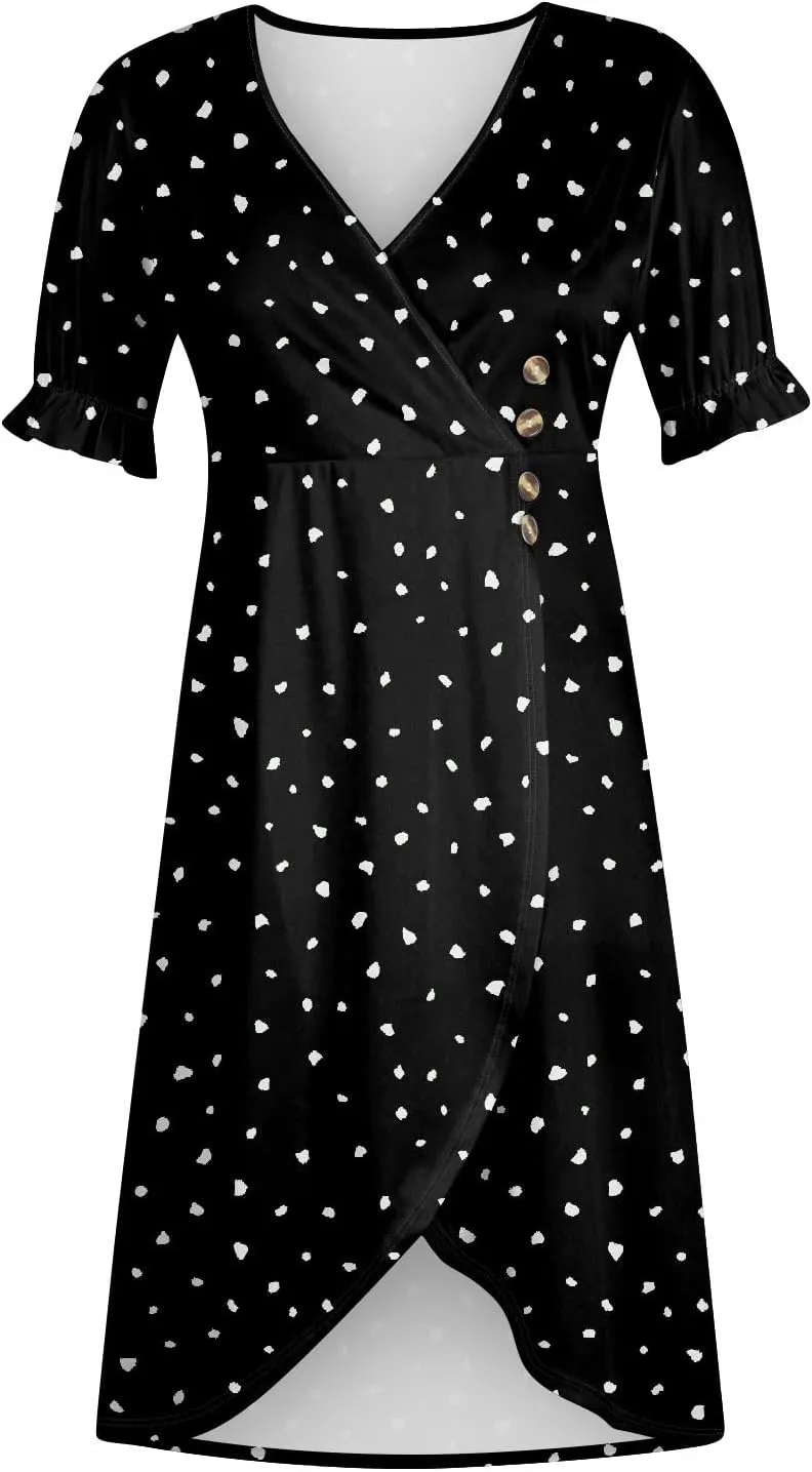 Beach Dresses for Women,2025 Spring Trendy Floral Boho Dress,Elegant V Neck Short Sleeve Irregular Hem Midi Dress