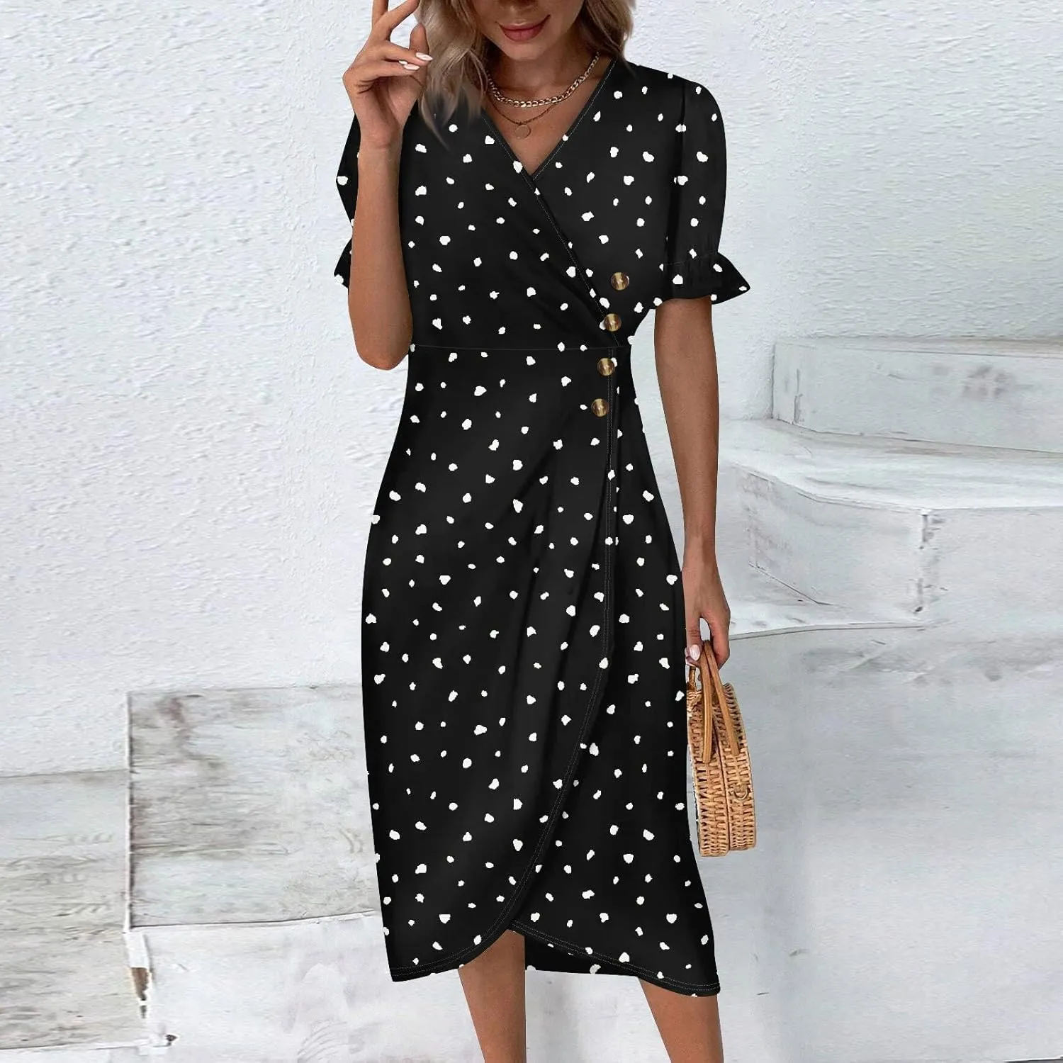 Beach Dresses for Women,2025 Spring Trendy Floral Boho Dress,Elegant V Neck Short Sleeve Irregular Hem Midi Dress
