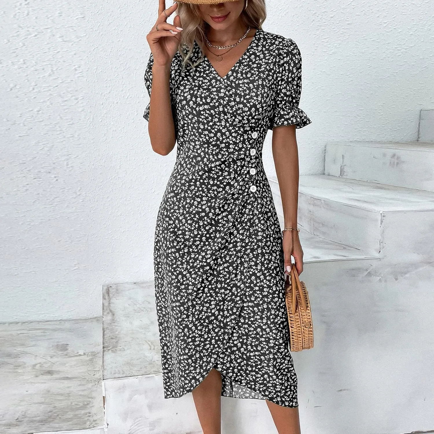 Beach Dresses for Women,2025 Spring Trendy Floral Boho Dress,Elegant V Neck Short Sleeve Irregular Hem Midi Dress