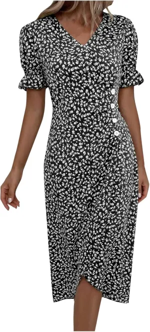 Beach Dresses for Women,2025 Spring Trendy Floral Boho Dress,Elegant V Neck Short Sleeve Irregular Hem Midi Dress