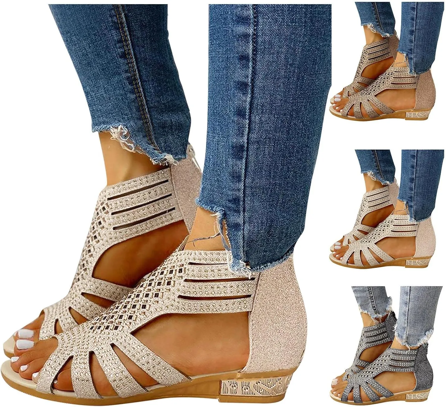 Beach Sandals for Women Summer Casual Diamond Boho Vintage Flat Travel Sandals Low Heel Open Toe Slippers