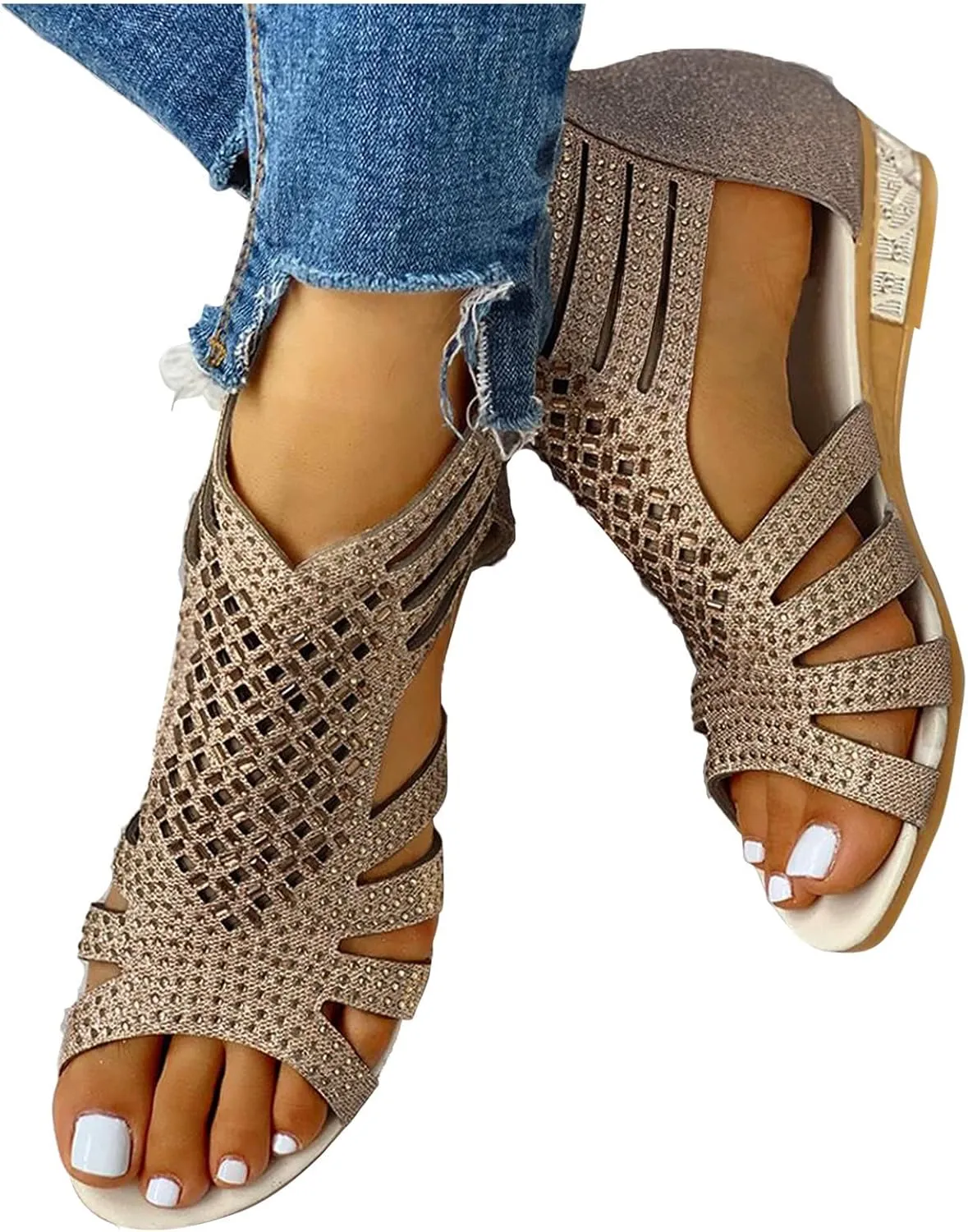 Beach Sandals for Women Summer Casual Diamond Boho Vintage Flat Travel Sandals Low Heel Open Toe Slippers