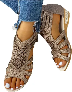 Beach Sandals for Women Summer Casual Diamond Boho Vintage Flat Travel Sandals Low Heel Open Toe Slippers