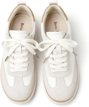 BEAU TODAY Platform Sneakers for Women Casual Tennis Shoes for Women Leather Comfortable Lace up Non-Slip Walking Shoes