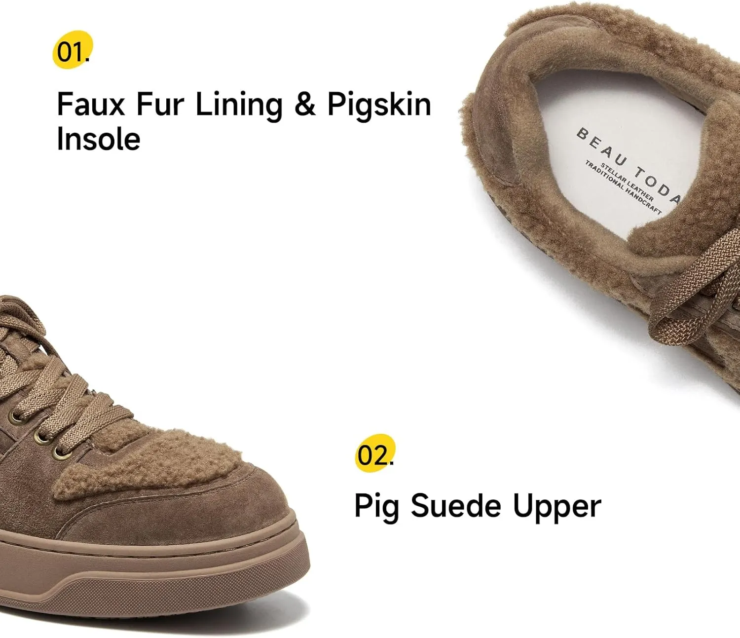 BEAU TODAY Winter Fashion Sneakers for Women, Women's Warm Fur Lined Platform Sneakers, Chunky Suede Leather Sneakers for Women, Casual Comfortable Lace-up Anti-Slip Outdoor Walking Shoes