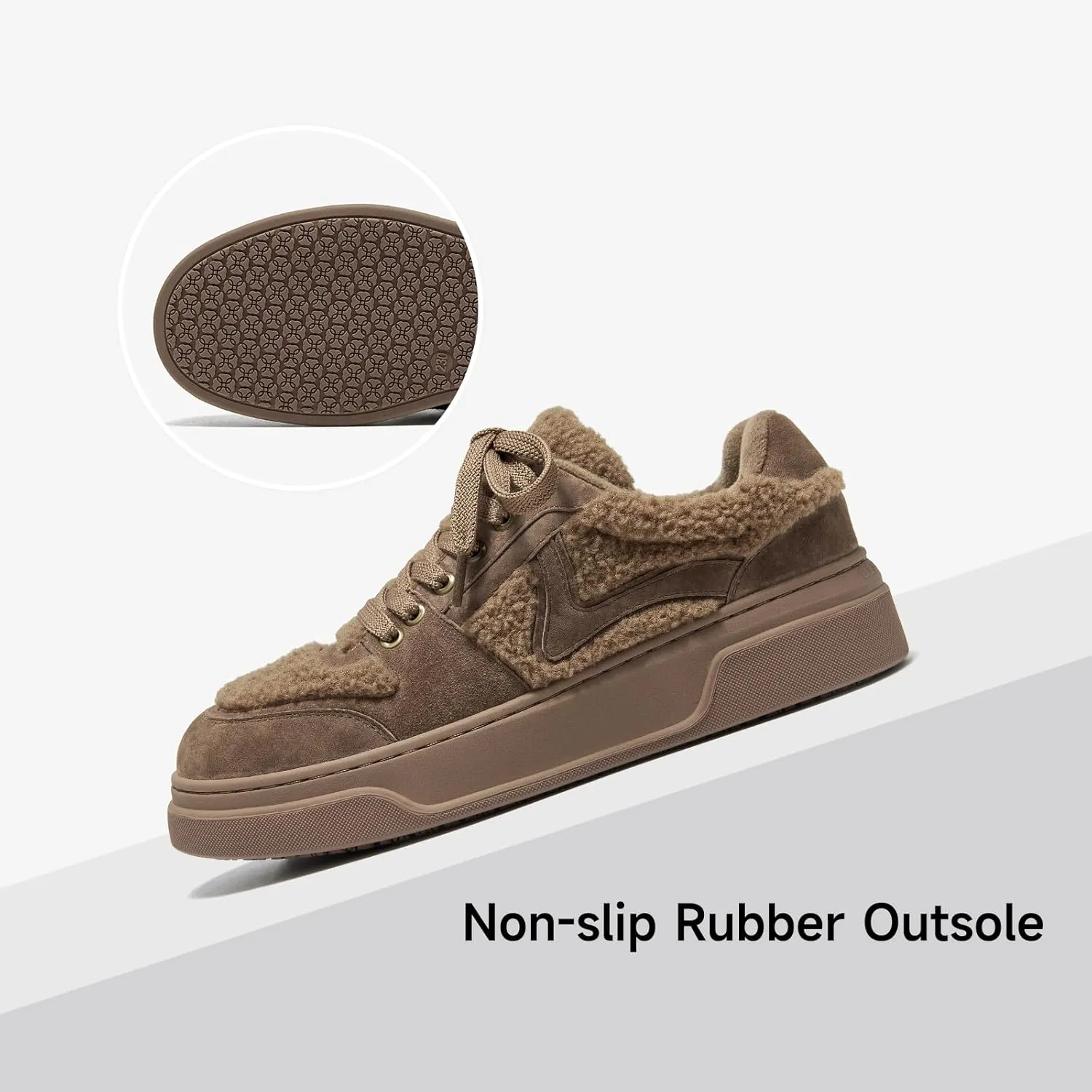 BEAU TODAY Winter Fashion Sneakers for Women, Women's Warm Fur Lined Platform Sneakers, Chunky Suede Leather Sneakers for Women, Casual Comfortable Lace-up Anti-Slip Outdoor Walking Shoes