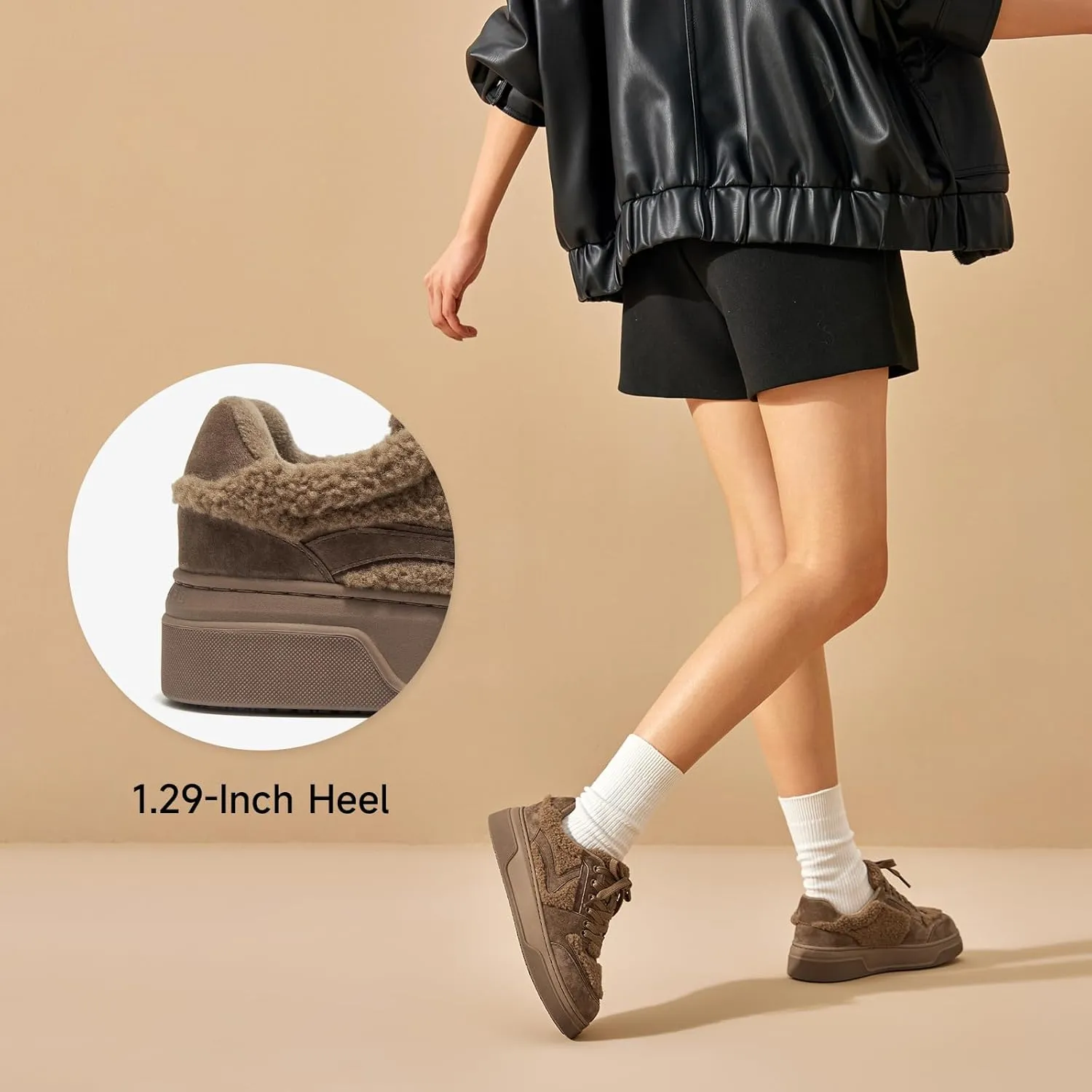 BEAU TODAY Winter Fashion Sneakers for Women, Women's Warm Fur Lined Platform Sneakers, Chunky Suede Leather Sneakers for Women, Casual Comfortable Lace-up Anti-Slip Outdoor Walking Shoes