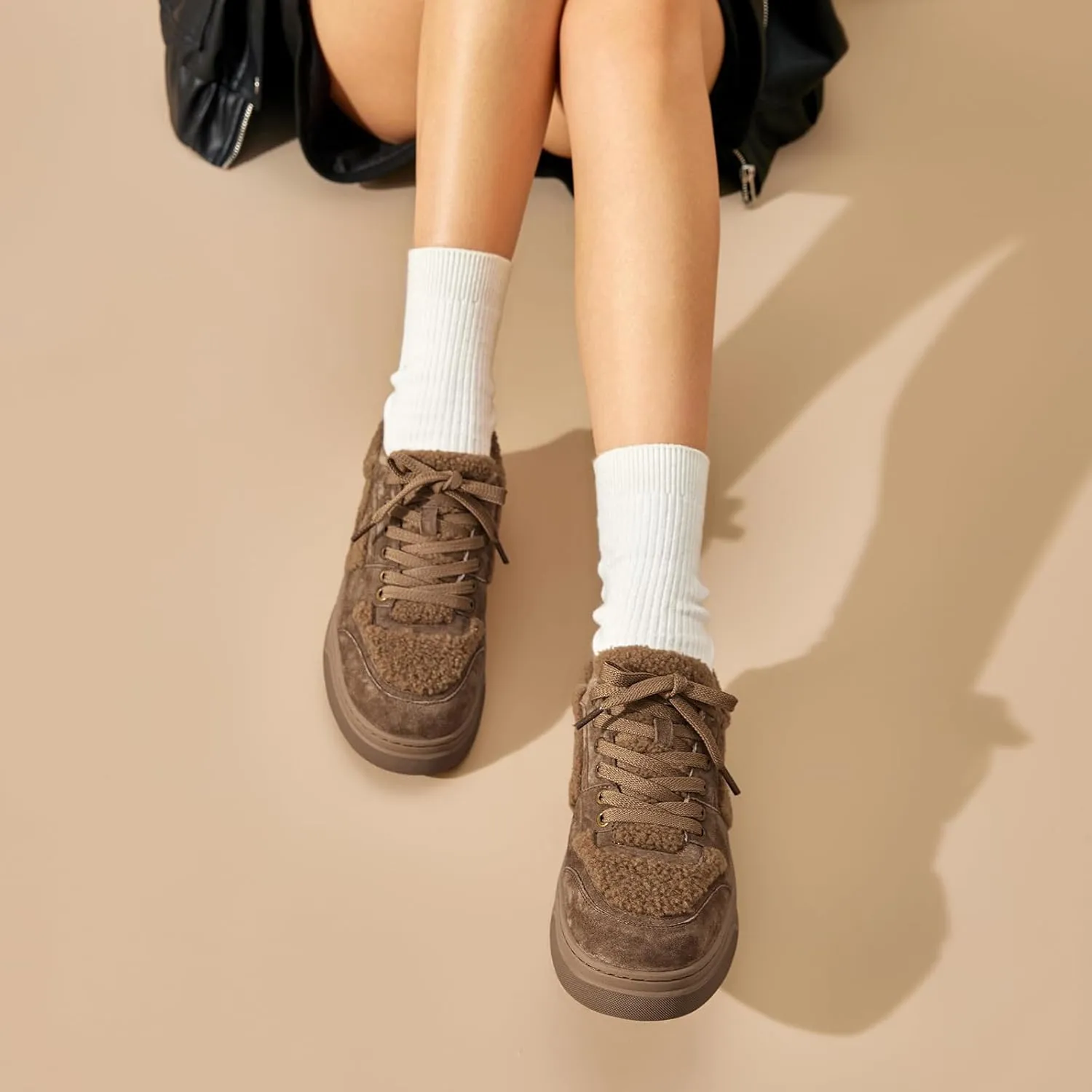 BEAU TODAY Winter Fashion Sneakers for Women, Women's Warm Fur Lined Platform Sneakers, Chunky Suede Leather Sneakers for Women, Casual Comfortable Lace-up Anti-Slip Outdoor Walking Shoes