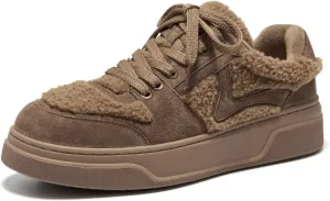 BEAU TODAY Winter Fashion Sneakers for Women, Women's Warm Fur Lined Platform Sneakers, Chunky Suede Leather Sneakers for Women, Casual Comfortable Lace-up Anti-Slip Outdoor Walking Shoes