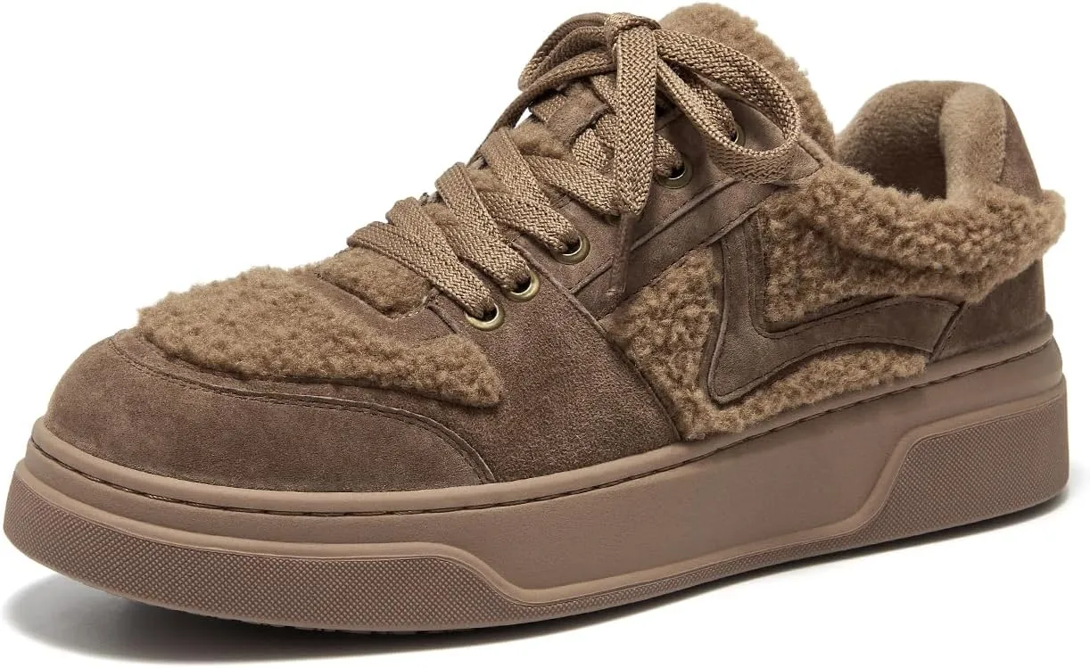 BEAU TODAY Winter Fashion Sneakers for Women, Women's Warm Fur Lined Platform Sneakers, Chunky Suede Leather Sneakers for Women, Casual Comfortable Lace-up Anti-Slip Outdoor Walking Shoes
