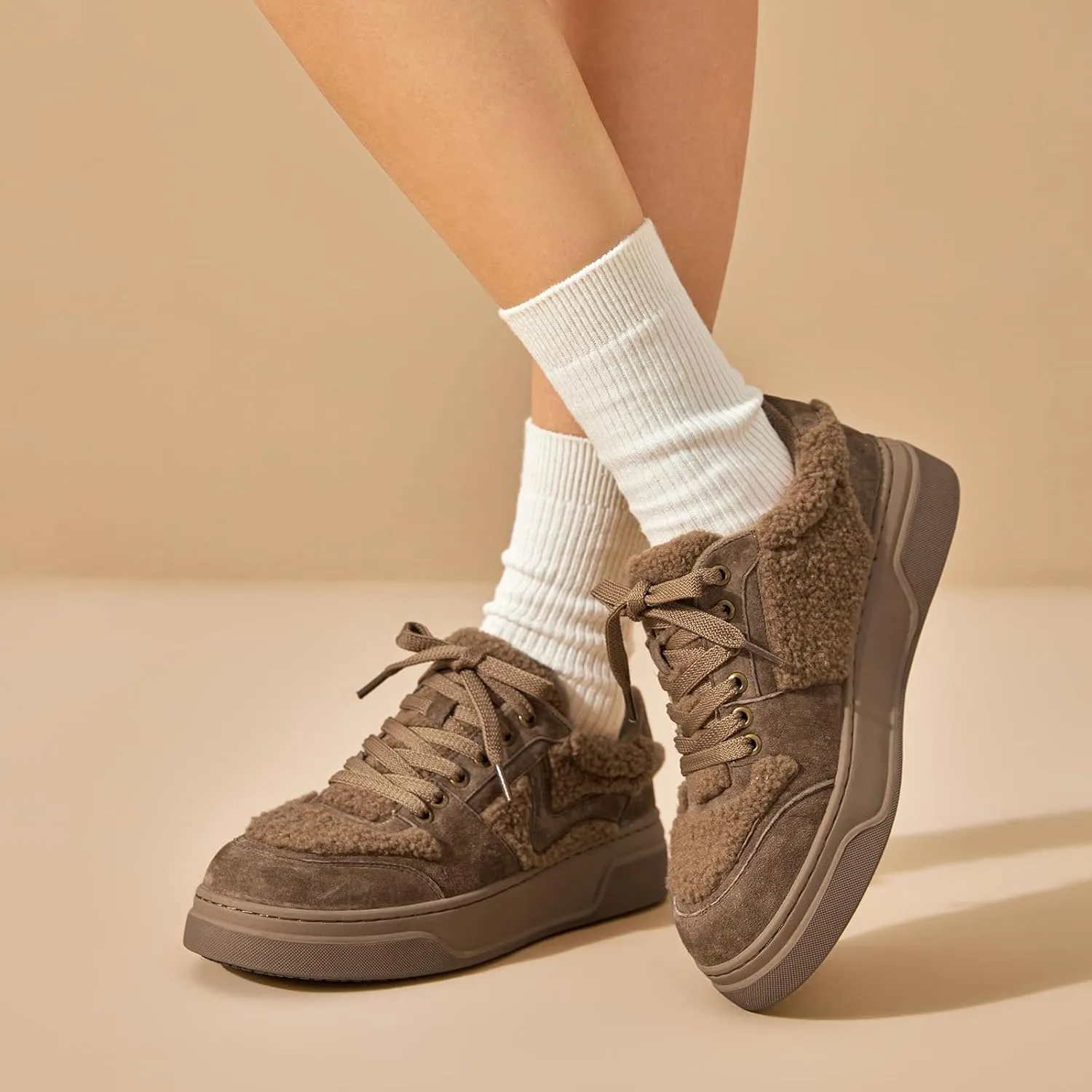 BEAU TODAY Winter Fashion Sneakers for Women, Women's Warm Fur Lined Platform Sneakers, Chunky Suede Leather Sneakers for Women, Casual Comfortable Lace-up Anti-Slip Outdoor Walking Shoes
