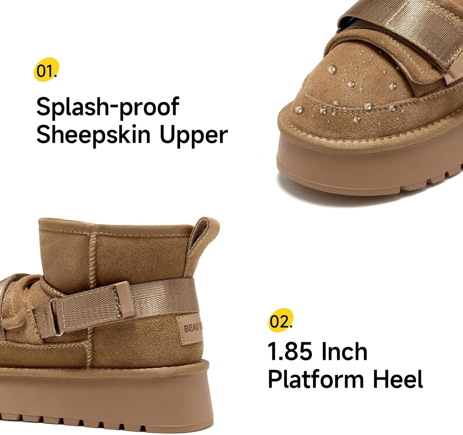 BEAU TODAY Womens Platform Ankle Boots Genuine Leather Mini Boots for Women Comfortable Lightweight Anti-Slip Fur Snow Boots Pull-on Walking Winter Boots