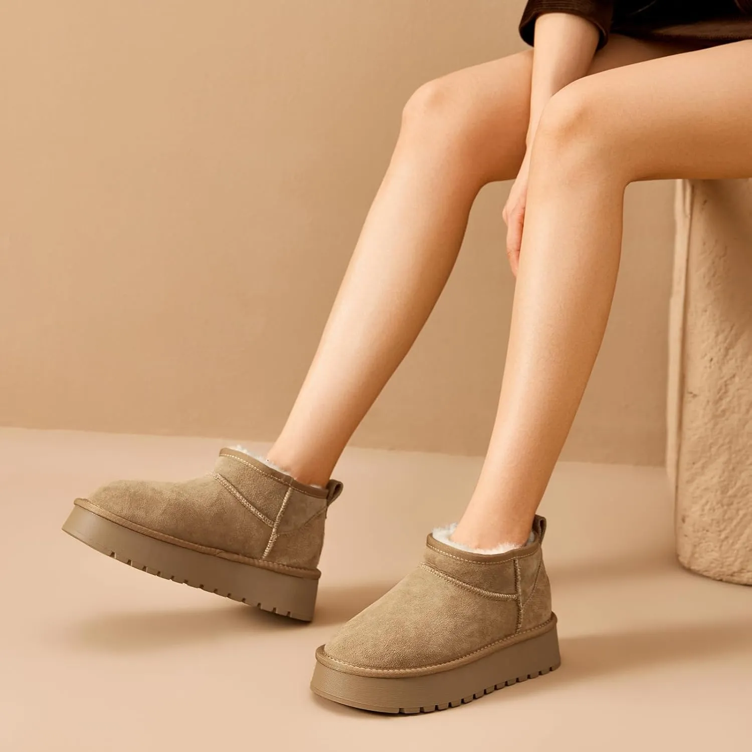 BEAU TODAY Womens Platform Ankle Boots Genuine Sheepskin Mini Boots for Women Comfortable Anti-Slip Snow Boots Pull-on Walking Winter Boots Outdoors