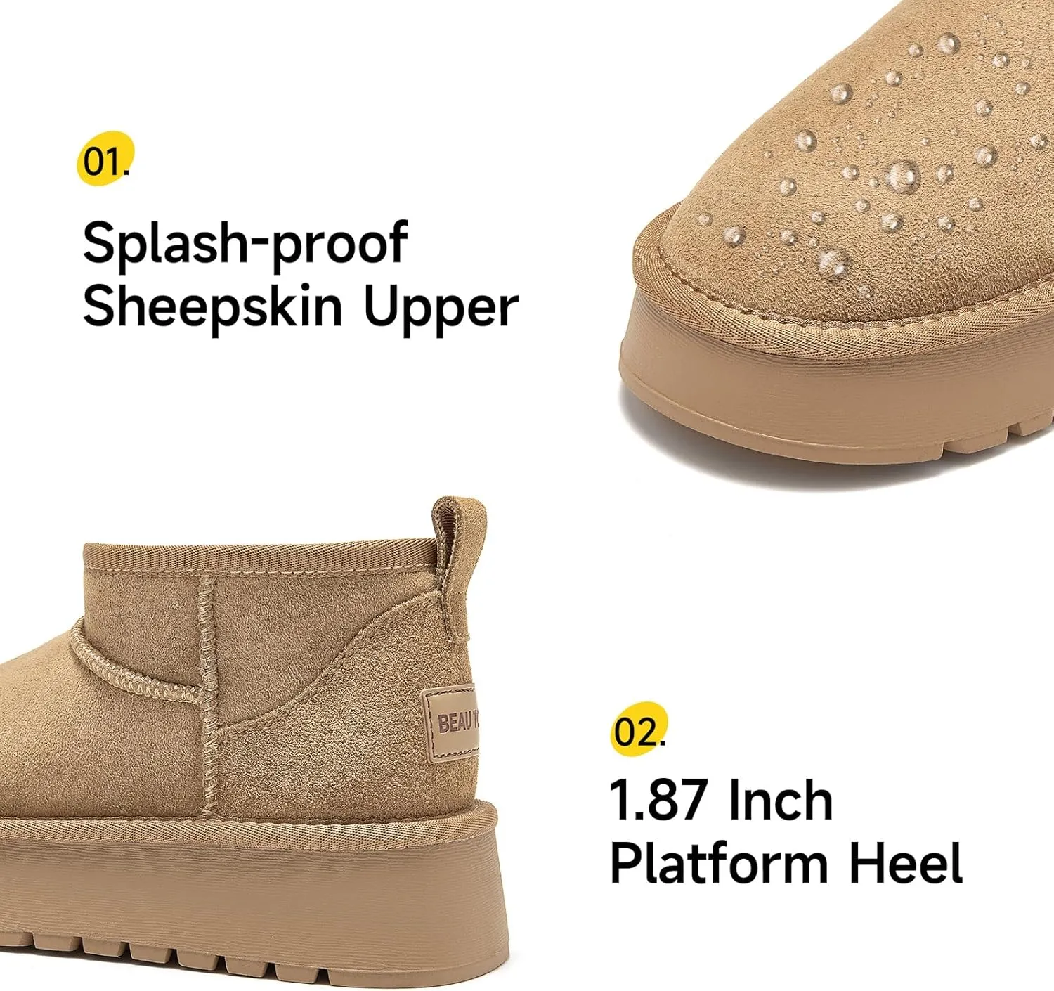 BEAU TODAY Womens Platform Ankle Boots Genuine Sheepskin Mini Boots for Women Comfortable Anti-Slip Snow Boots Pull-on Walking Winter Boots Outdoors