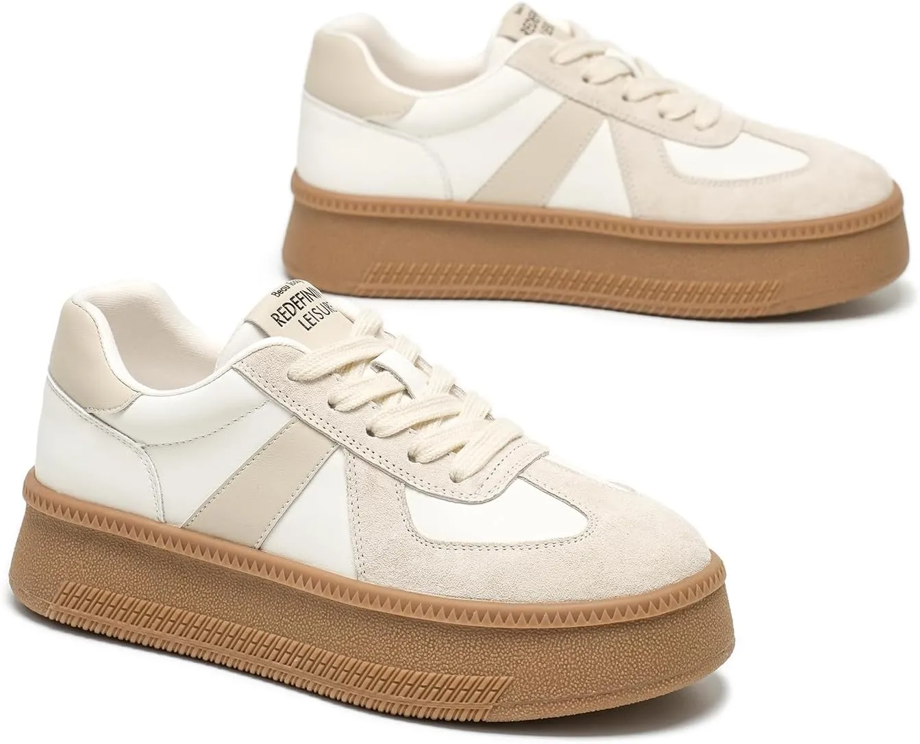 BEAU TODAY Women's Platform Fashion Sneakers, Classic Retro Trainers, Leather Casual Lace Up Skate Shoes, Comfortable Tennis Running Walking Shoes