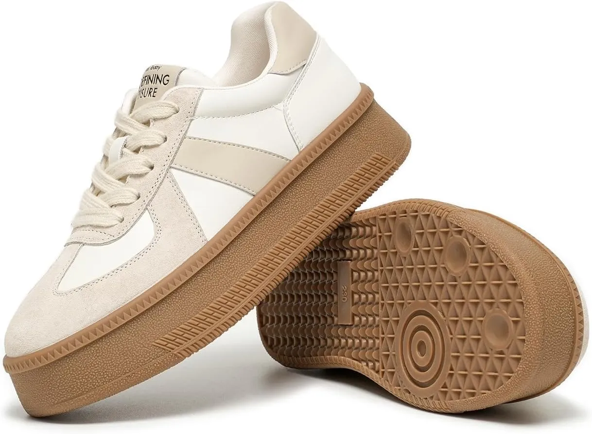 BEAU TODAY Women's Platform Fashion Sneakers, Classic Retro Trainers, Leather Casual Lace Up Skate Shoes, Comfortable Tennis Running Walking Shoes