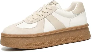 BEAU TODAY Women's Platform Fashion Sneakers, Classic Retro Trainers, Leather Casual Lace Up Skate Shoes, Comfortable Tennis Running Walking Shoes
