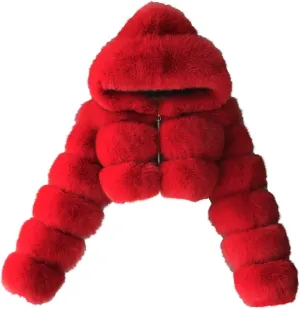 Bidobibo Faux Fur Coat Women with Hood Cropped Bubble Coats Fleece Short Warm Jackets Plus Size Winter Coats for Women