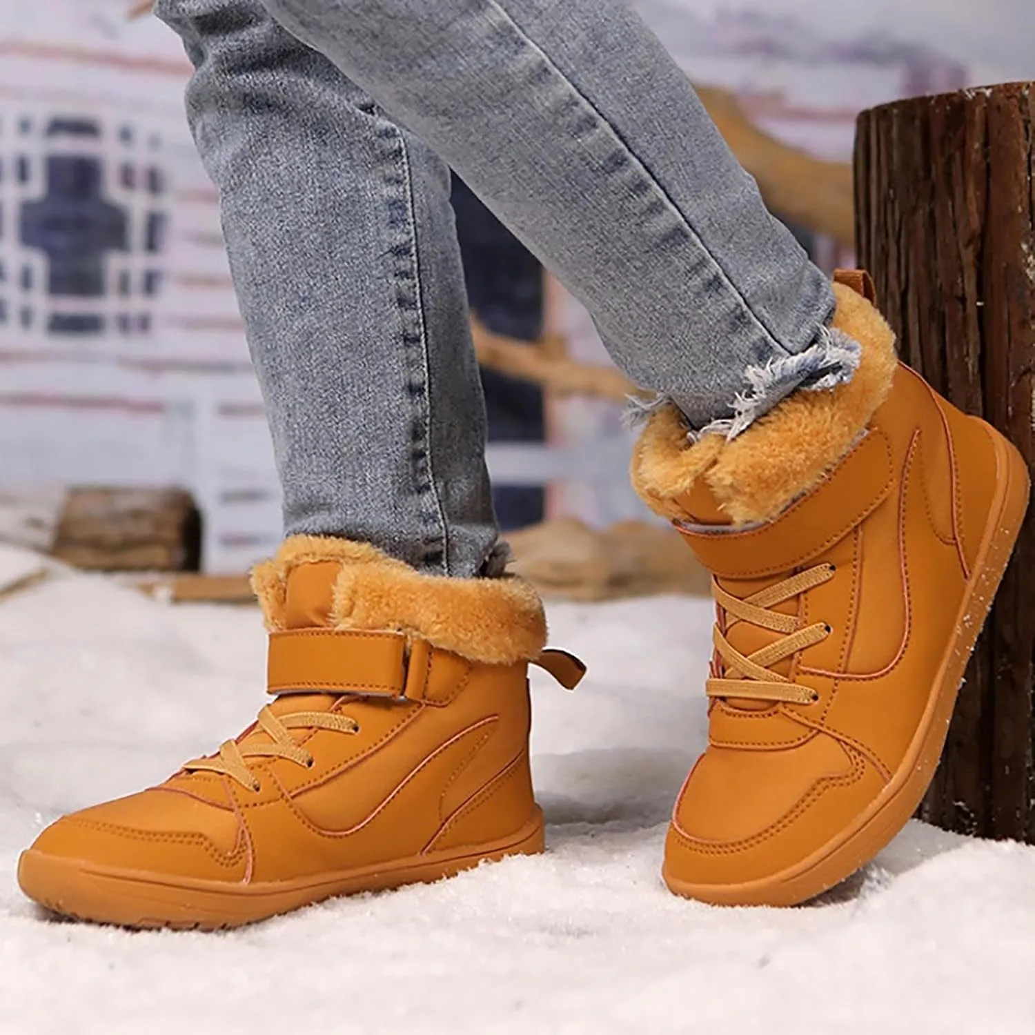 Big Kids Barefoot F𝐮r Lined Boots Boys Girls Black Running Snow Fleece Boots Fuzzy Hiking Walking Flat Shoes