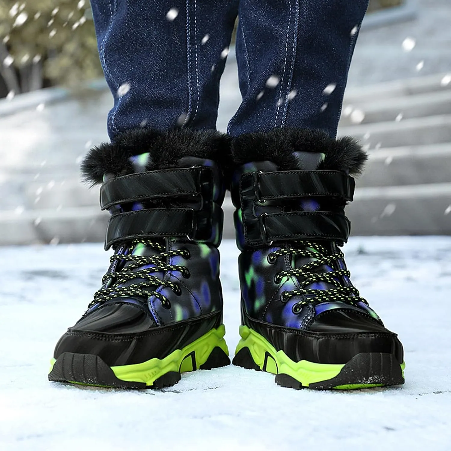 Big Kids Snow Booties Fuzzy Fashion Warm Shoes Childrens Boys Flat Comfy Chunky Sole Boots Open Toe Winter Ski Non Slip