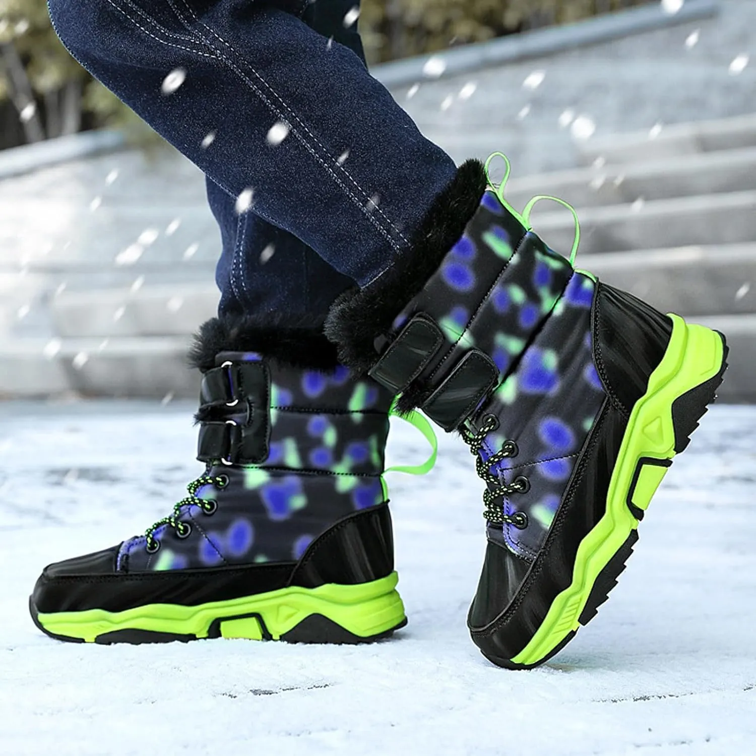 Big Kids Snow Booties Fuzzy Fashion Warm Shoes Childrens Boys Flat Comfy Chunky Sole Boots Open Toe Winter Ski Non Slip